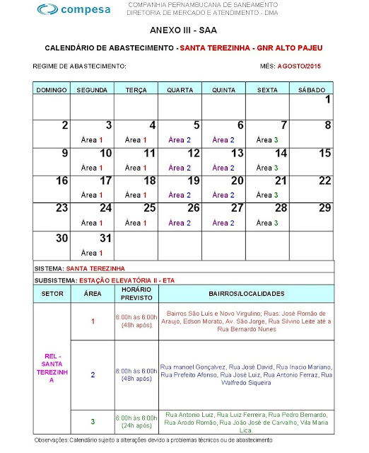 Calendário de Abastecimento, Compesa, Santa Terezinha-PE